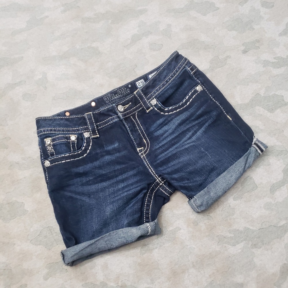 Miss Me Shorts Womens 29 Blue Embellished Mid Rise Denim Dark Wash Cuffed